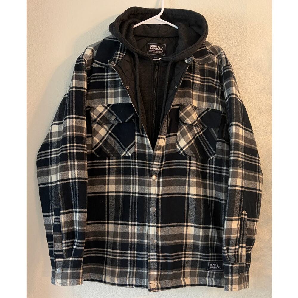 Eddie Bauer Hooded Flannel Shirt Jacket Small Black Gray Plaid Quilted Shacket